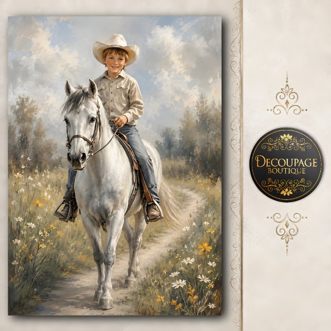 Papier Mousseline Jeune Cowboy sur Cheval Blanc Decoupage (Young Cowboy on White Horse Decoupage Tissue Paper)