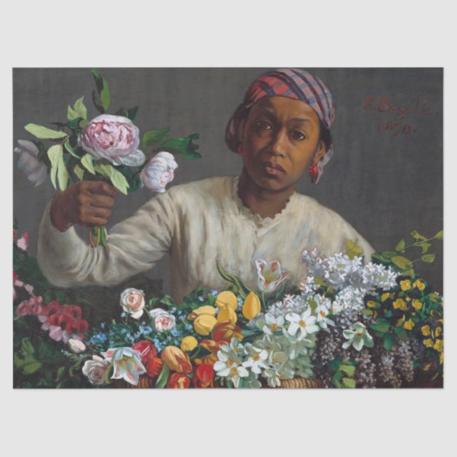 Papier Mousseline Jeune femme avec des pivoines par Frederic Bazille (Recto)