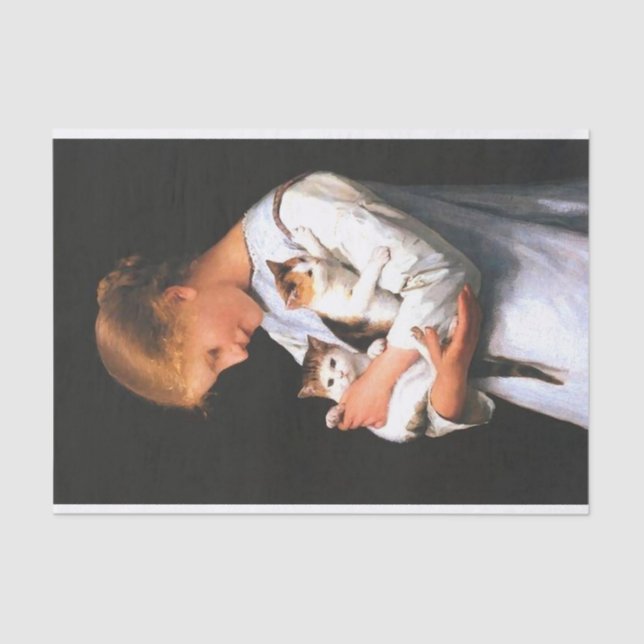 Papier Mousseline Jeune fille tenant deux chats  (Recto)