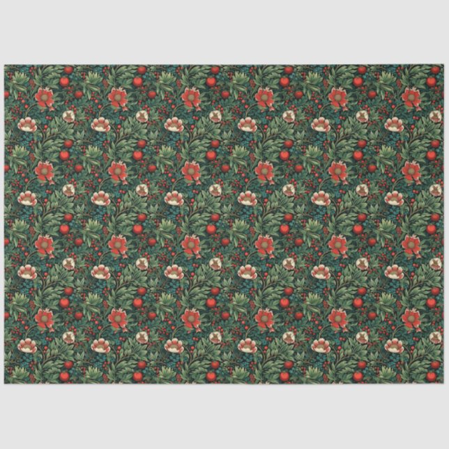 Papier Mousseline Joie Florale Française : Noël Rouge et Vert (Recto)