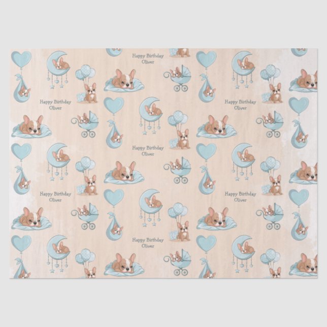 Papier Mousseline Joli Anniversaire Bébé Bleu French Bulldog (Recto)