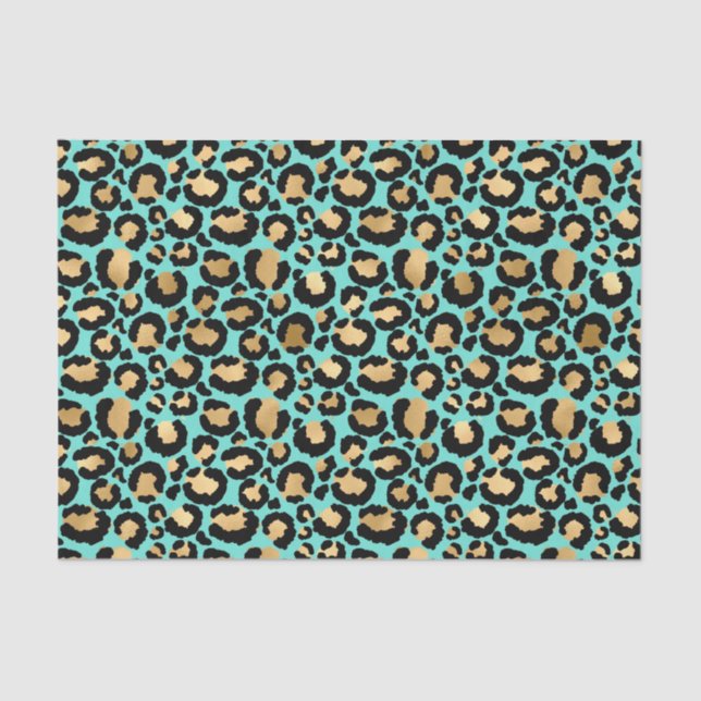Papier Mousseline Joli Cheetah Imprimer Turquoise et noir d'or (Recto)