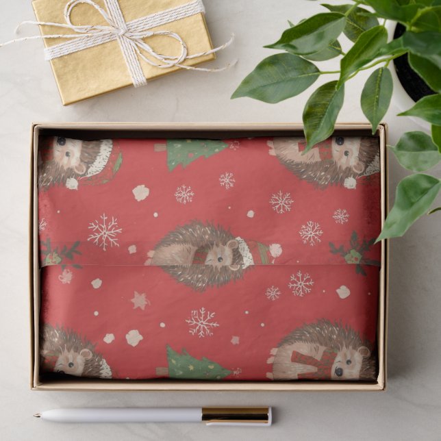 Papier Mousseline Joli motif de hérisson rouge vert Noël  (Cadeau)
