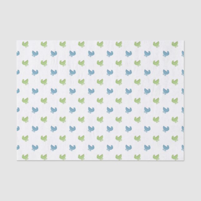 Papier Mousseline Joli motif de poussette bébé bleu et vert (Recto)