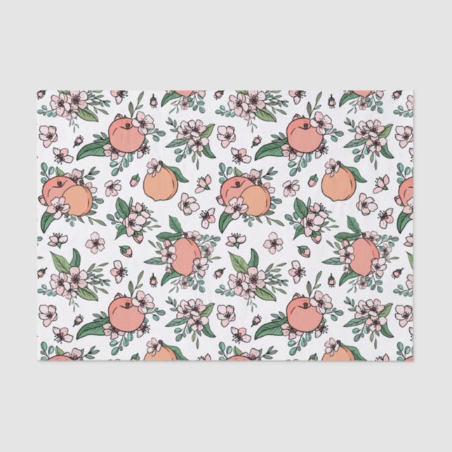 Papier Mousseline Joli motif floral de pêches et de fleurs de pêcher (Recto)