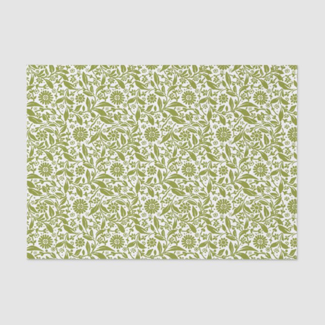Papier Mousseline Joli motif floral vert et blanc (Recto)