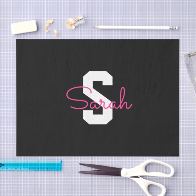 Papier Mousseline Joli nom et monogramme | Noir Blanc & Rose (Artisanat)
