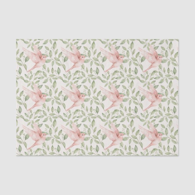 Papier Mousseline Joli oiseau rose et feuillage vert. (Recto)
