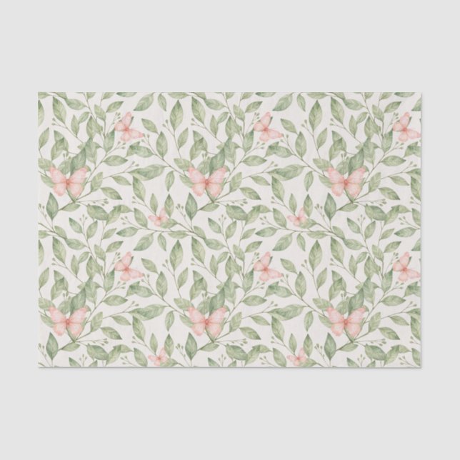 Papier Mousseline Joli papillons roses et feuillage vert (Recto)