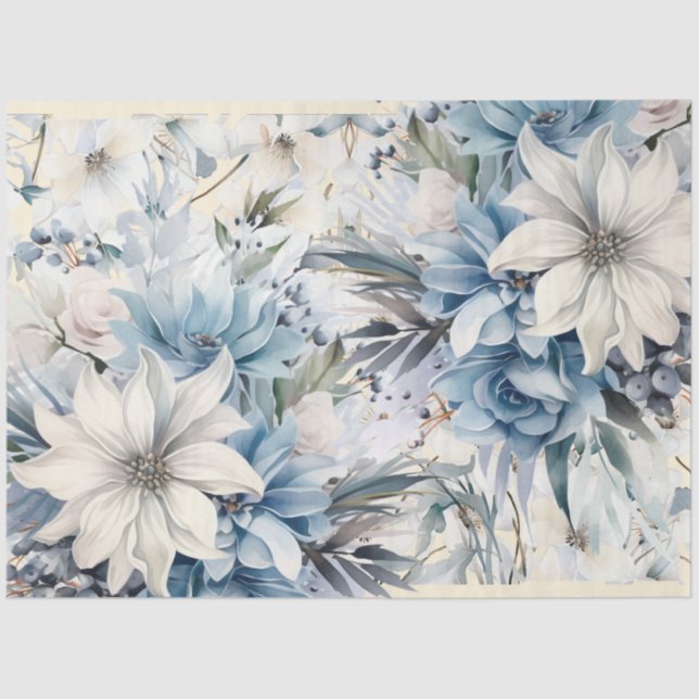 Papier Mousseline Joli Pastel Bleu Aquarelle Florales (Recto)