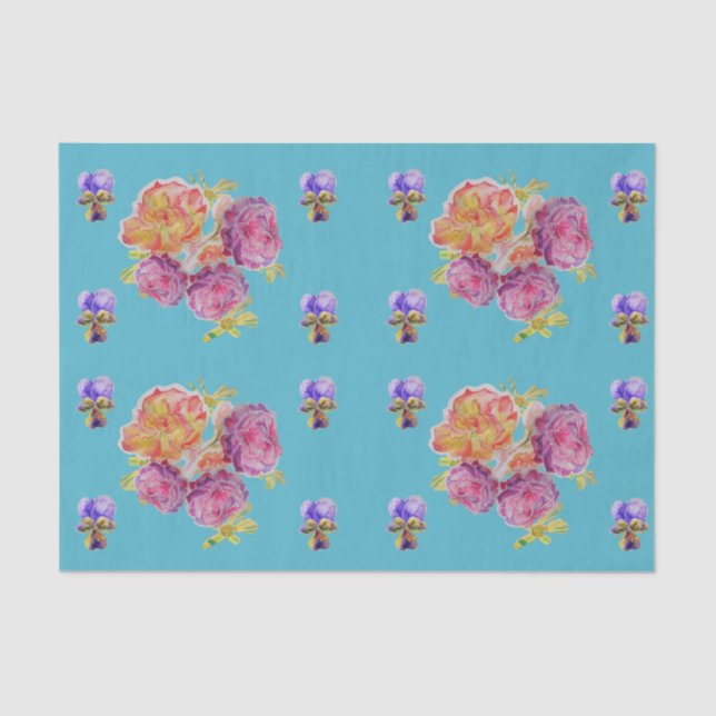 Papier Mousseline Joli Rose Floral Turquoise Rose Motif (Recto)