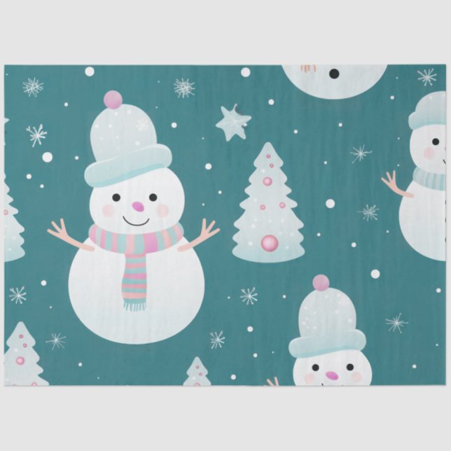 Papier Mousseline Joli Snowmen Snowflakes Green Christmas (Recto)