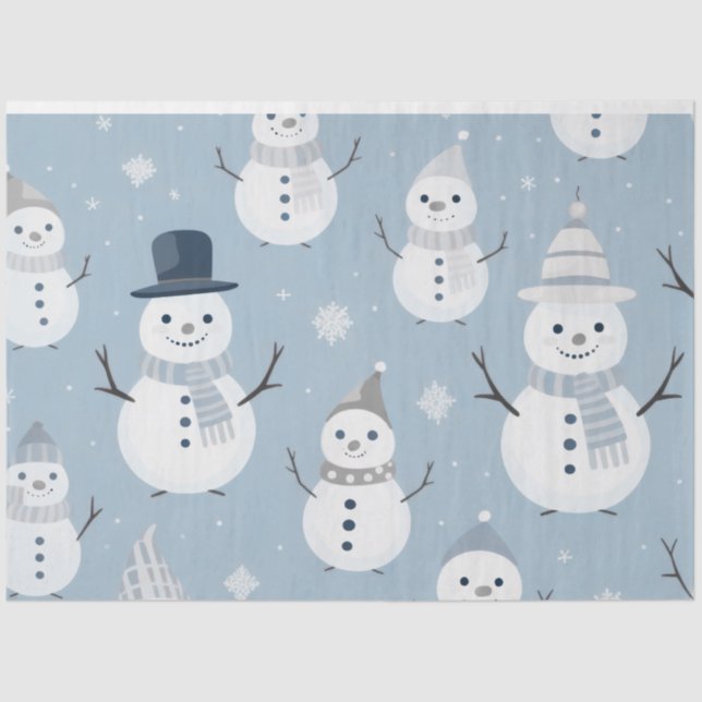 Papier Mousseline Joli Snowmen Snowflakes Gris Bleu Noël (Recto)