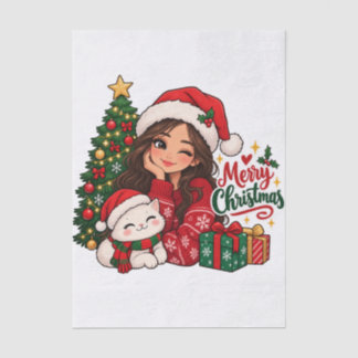 Papier Mousseline Jolie Fille de Noël et Chat Fêtes de Fin d'Année C