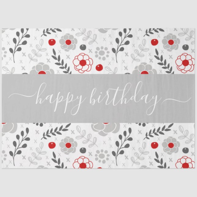 Papier Mousseline Jolie moderne Fleurs rouges et gris Anniversaire (Recto)