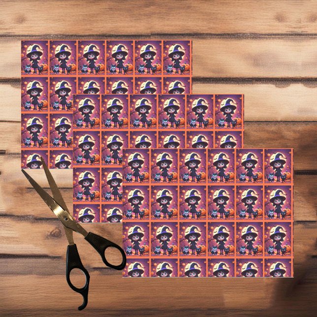 Papier Mousseline Jolie petite sorcière avec chats et citrouilles, H (Créateur téléchargé)