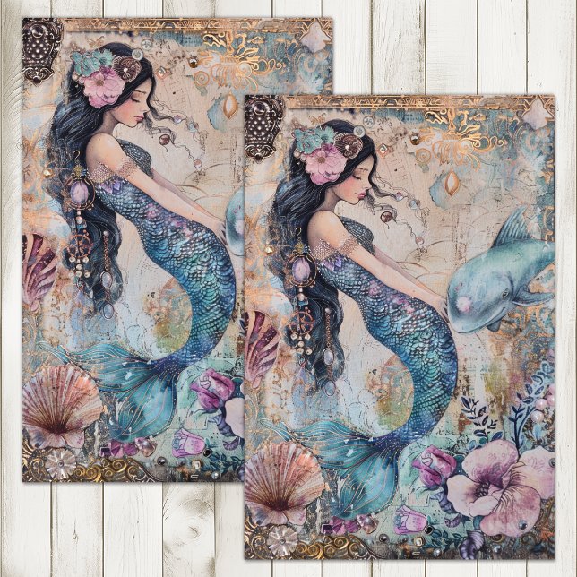 PAPIER MOUSSELINE JOLIE SIRÈNE DÉCOUPAGE (CUTE MERMAID DECOUPAGE TISSUE PAPER)