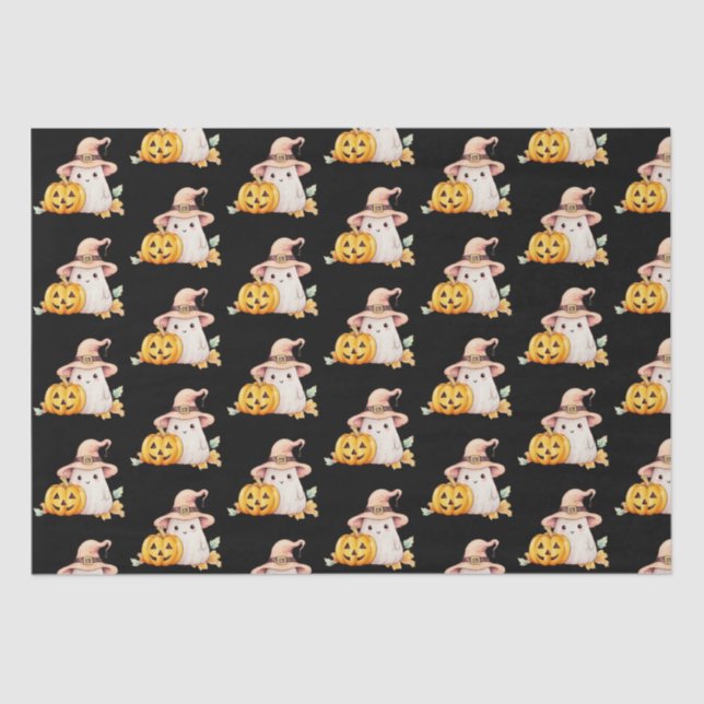 Papier Mousseline Jolie sorcière fantôme Casquette Citrouille Motif  (Recto)