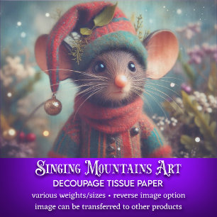 Papier Mousseline Jolie Souris au Chapeau d'Elfe de Noël Découpage