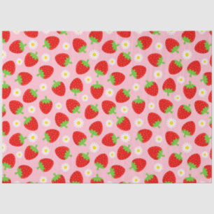 Papier Mousseline Jolies fraises d'été et fleurs blanches sur fond r