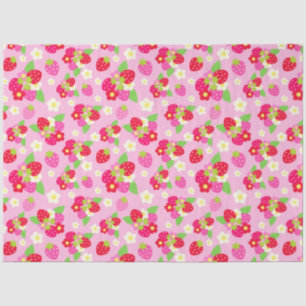 Papier Mousseline Jolies fraises rouges et roses et fleurs sur fond