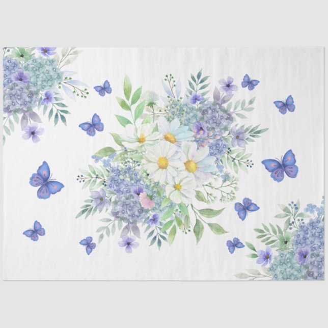 Papier Mousseline Jolies marguerites, fleurs bleues et papillons (Recto)
