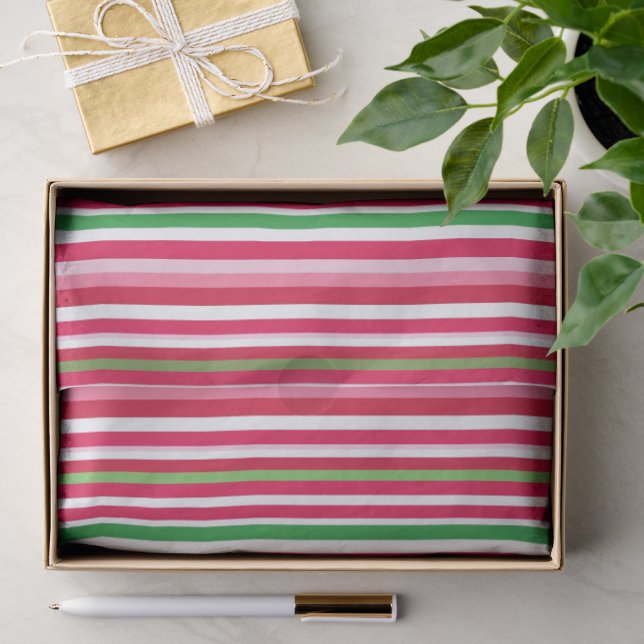 Papier Mousseline Jolies rayures roses, vertes et rouges (Cadeau)