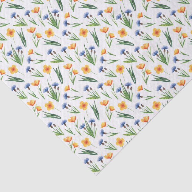 Papier Mousseline Jolis boutons d'or, Bleus Bleuets & Verdure (Détail)