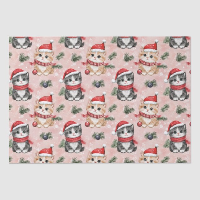 Papier Mousseline Jolis chatons de Noël sur fond rose (Recto)