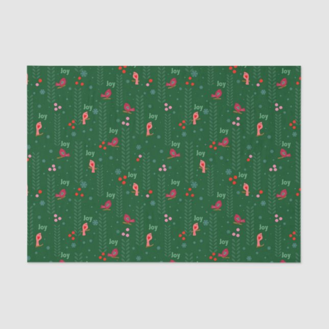 Papier Mousseline Joy birds Noël vert (Recto)
