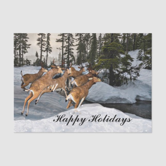 Papier Mousseline Joyeuses Fêtes Cerf Rustique en Hiver (Recto)