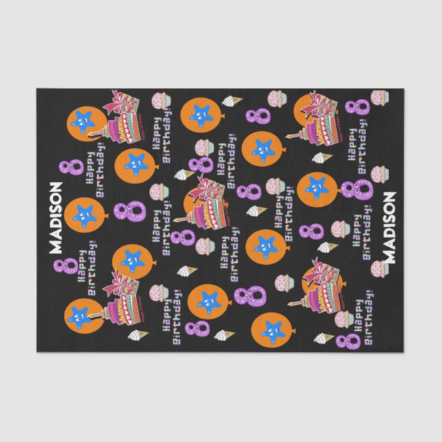 Papier Mousseline Joyeux 8 Anniversaire Tissu Papier #8 Noir (Recto)