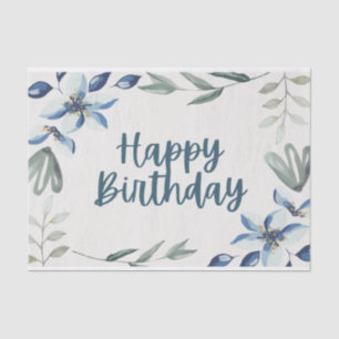 Papier Mousseline Joyeux Anniversaire Bleu Fleurs d'aquarelle Pastel