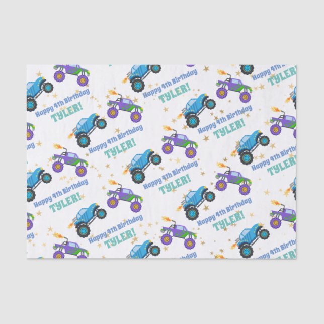 Papier Mousseline Joyeux Anniversaire, Camions Monster Nom/Age Gold  (Recto)