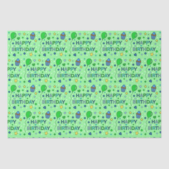 Papier Mousseline Joyeux anniversaire du garçon Blue et Lime Green (Recto)