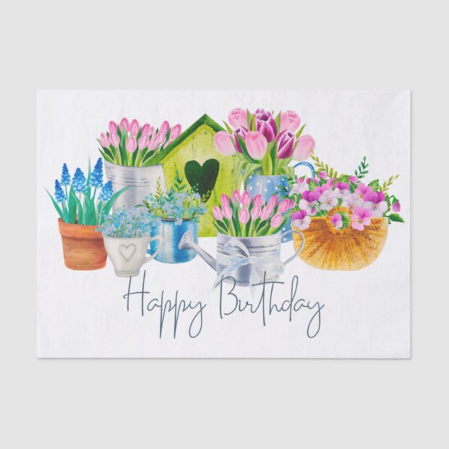 Papier Mousseline Joyeux Anniversaire Fleurs de Jardin - Tulipes (Recto)