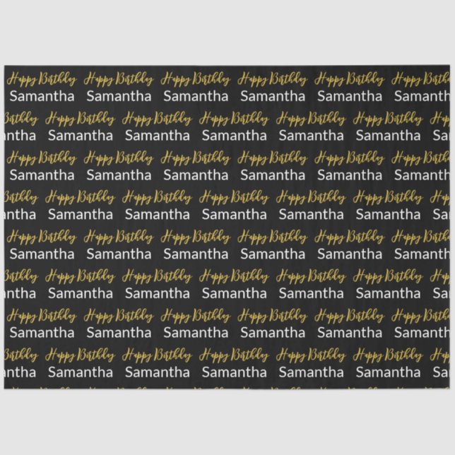 Papier Mousseline Joyeux Anniversaire Gold Script Noir et Blanc Nom (Recto)