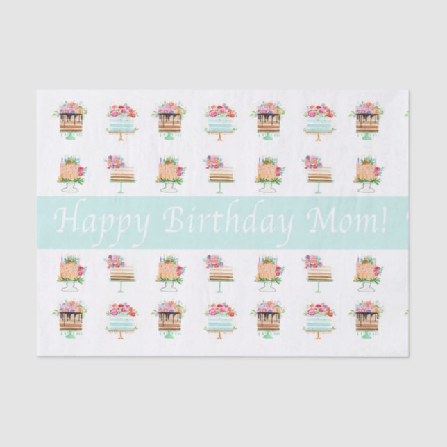 Papier Mousseline Joyeux Anniversaire Maman Aquarelle Floral Gâteaux (Recto)