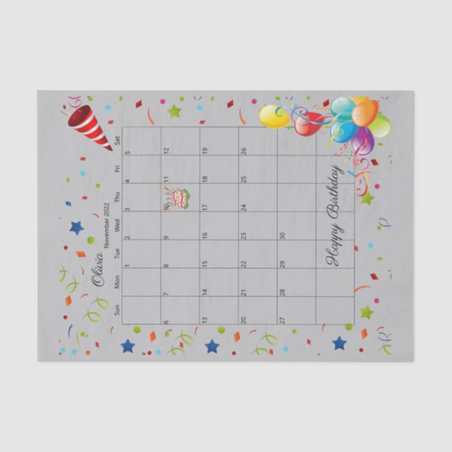 Papier Mousseline Joyeux anniversaire novembre 2022 Tissue Paper (Recto)