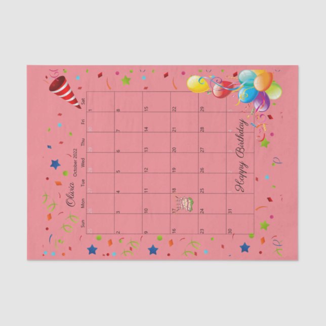 Papier Mousseline Joyeux anniversaire Octobre 2022 Tissue Paper (Recto)