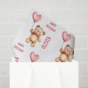 Papier Mousseline Joyeux Anniversaire Ourson Mignon Rose Aquarelle