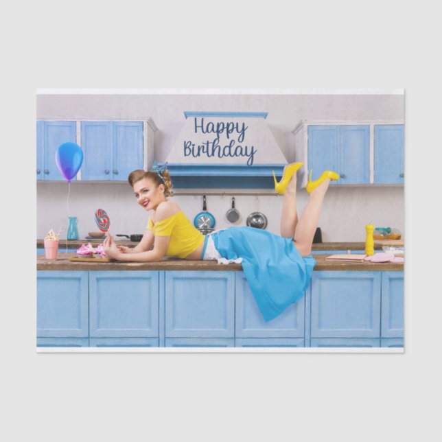Papier Mousseline Joyeux Anniversaire Rétro Femme de ménage faisant  (Recto)