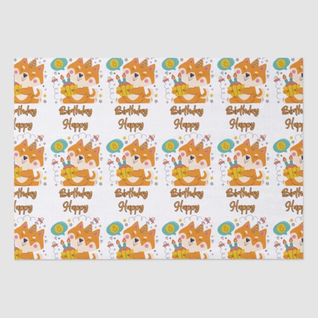 Papier Mousseline Joyeux Anniversaire Shiba Inu Tissue Paper (Recto)