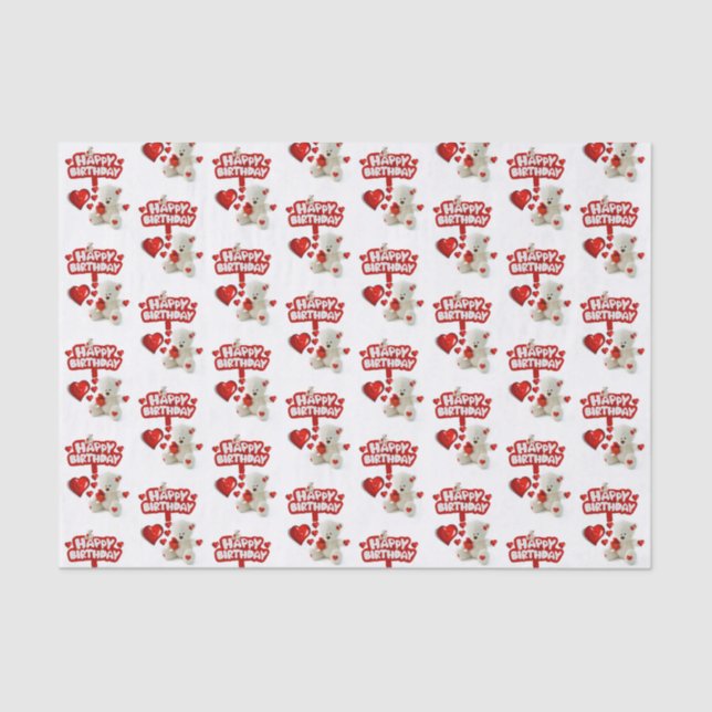 Papier Mousseline Joyeux Anniversaire Tissu Papier blanc Teddy Ours (Recto)