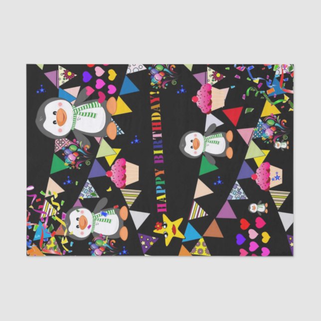 Papier Mousseline Joyeux Anniversaire Tissu Pingouin (Recto)