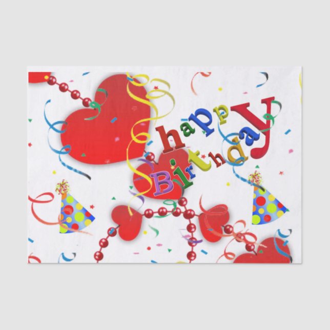 Papier Mousseline Joyeux Anniversaire Tissue Paper Coeurs rouges (Recto)
