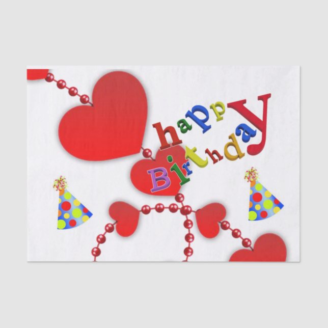 Papier Mousseline Joyeux Anniversaire Tissue Paper Coeurs rouges (Recto)