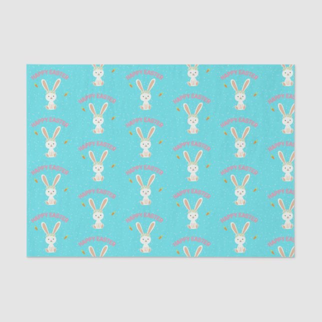 Papier Mousseline Joyeux lapin blanc de Pâques sur bleu (Recto)