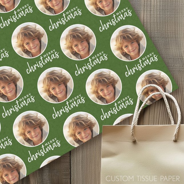Papier Mousseline Joyeux Noël avec une photo en un cercle - vert rou (Custom Tissue Paper)