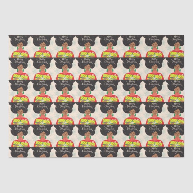 Papier Mousseline Joyeux Noël, Femme noire, Sweat brillant Cadeau (Recto)